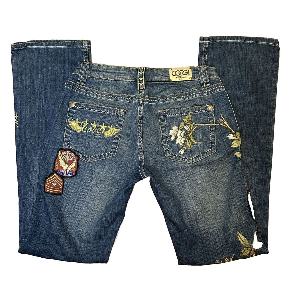 Women's COOGI Jeans 7/8 Bootcut Embroidered Floral Patches Logo Medium Wash 33"L